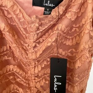 Long-sleeve, peach, lace bodysuit